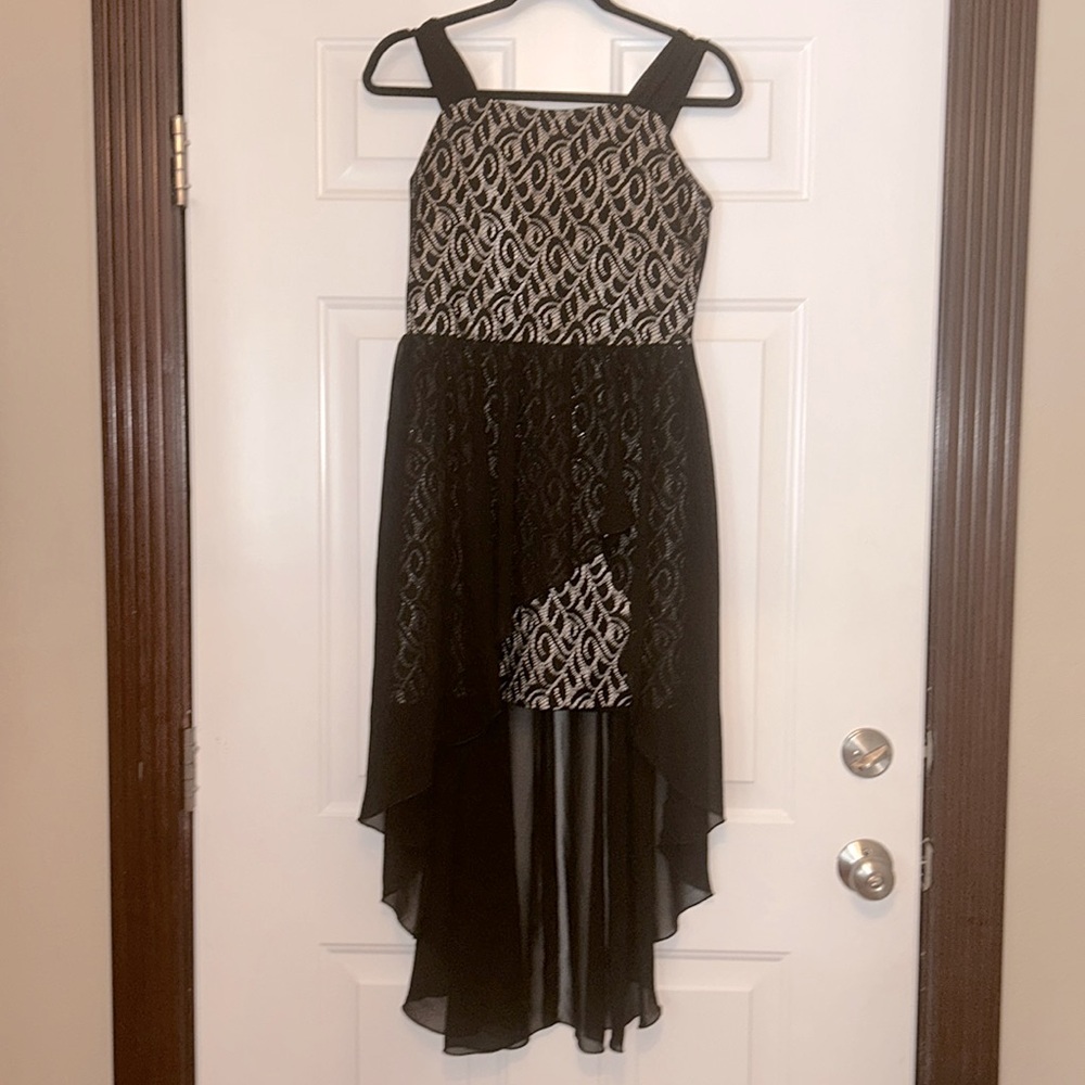 Amywear Lace Dress/Gown 16 Formal Mini Black/Gold Hi/Low Hem Sheer Overlay
